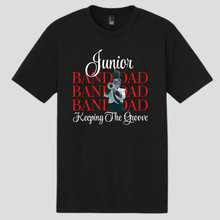 Load image into Gallery viewer, Marching band shirt mockup - Band Dad red and white text
